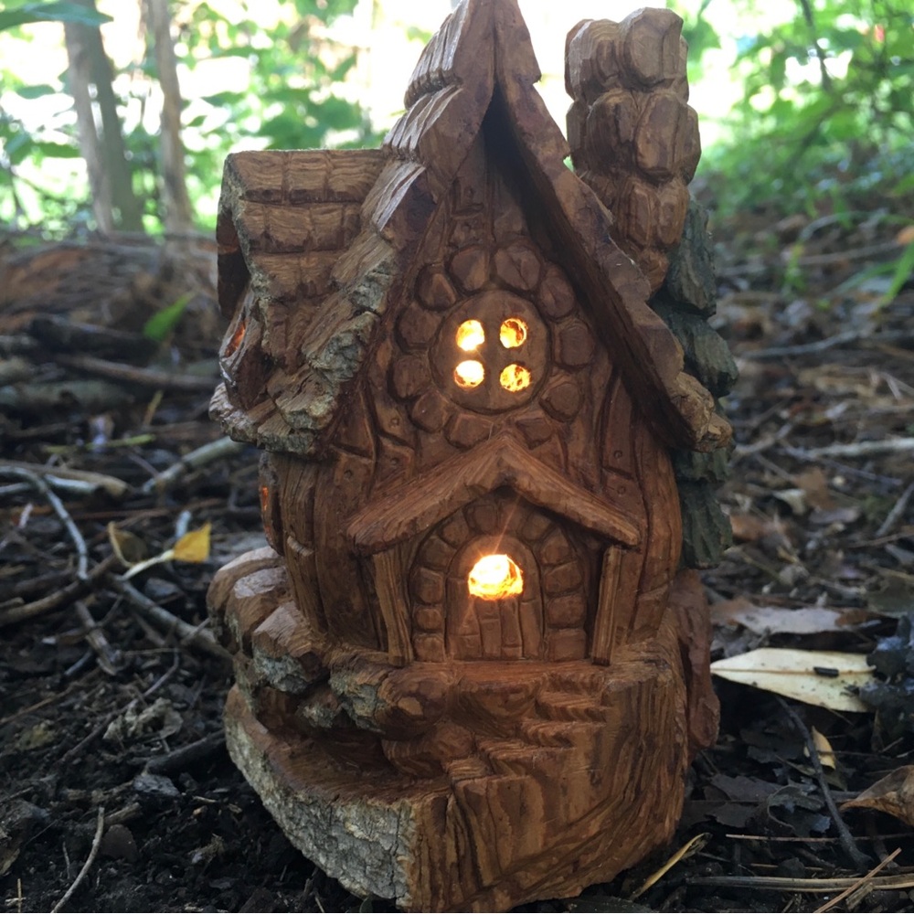 Whimsical Cottonwood Bark Fairy House with Battery Operated Lights